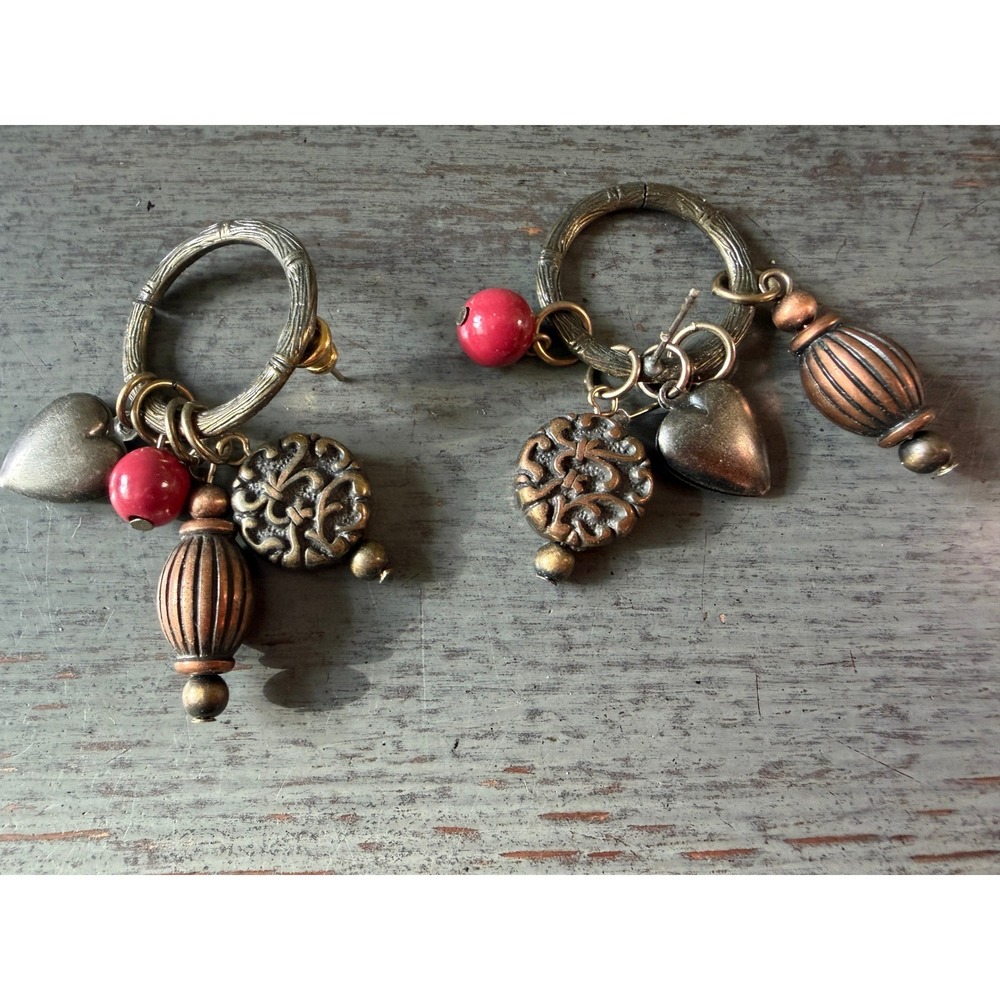 Boho vintage Metal Charm Hoop Earrings Bronze Copper Heart Filigree Red Bead - Picture 4 of 4